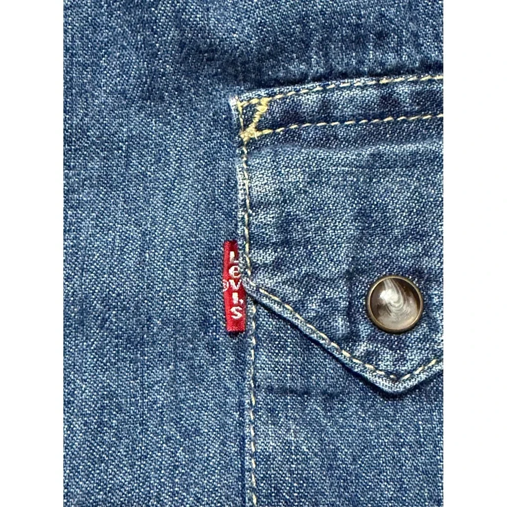 Levis Shorthorn Sawtooth Western Denim Shirt Medium Wash Pearl Snap Men's Sz XL